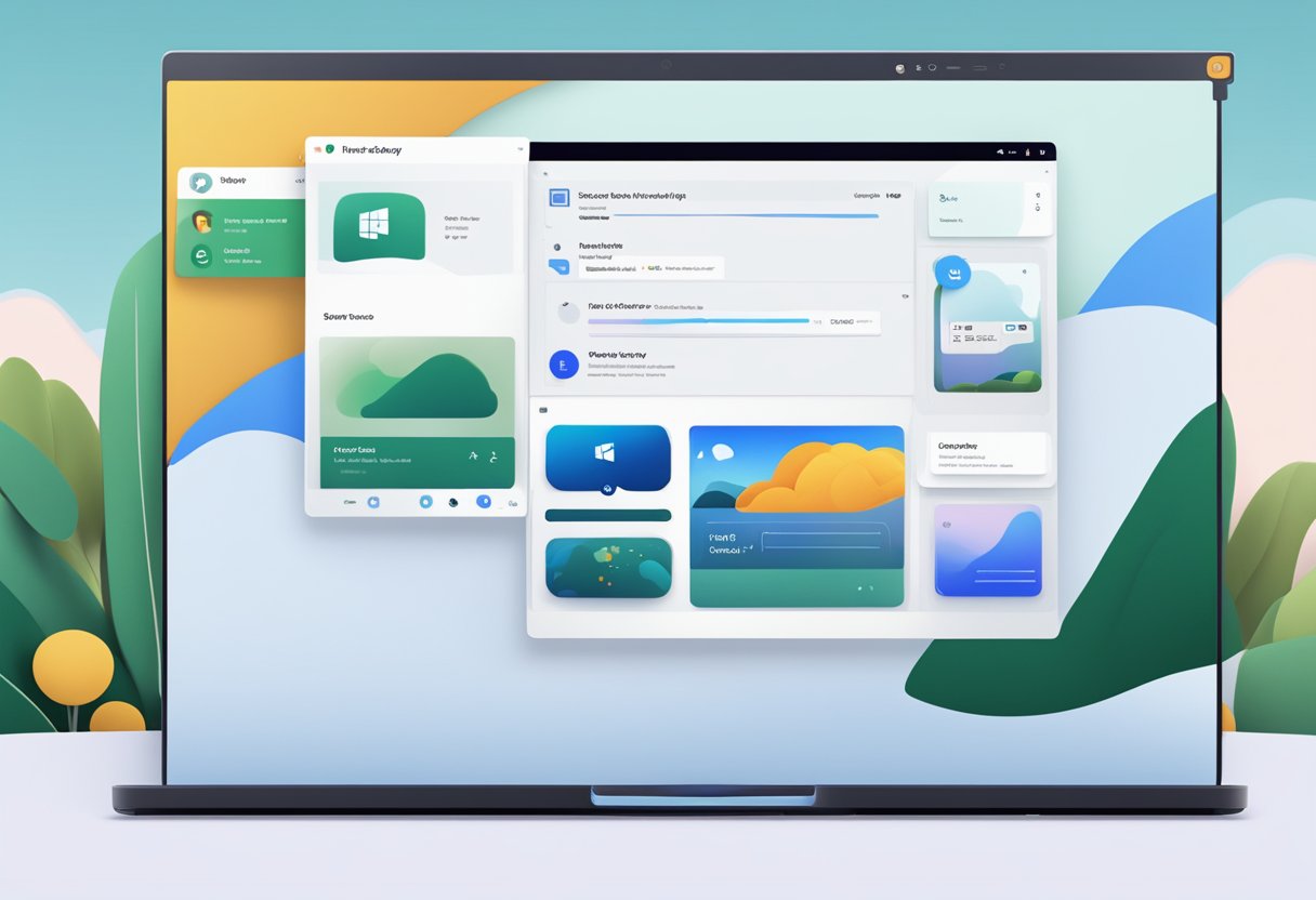A laptop screen displaying the Windows 11 desktop with the Meet Now icon visible. The taskbar at the bottom of the screen shows the Meet Now app open and ready to use