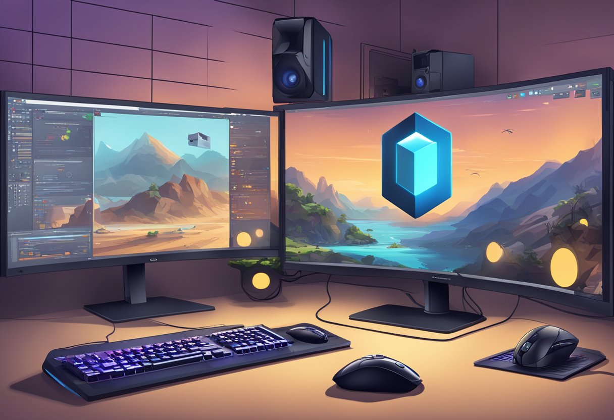 A gaming setup with two monitors, one displaying a game and the other showing a mouse cursor moving on the screen