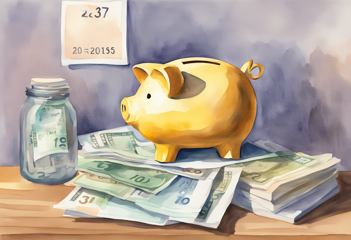 A stack of unpaid bills and a barren piggy bank sit on a desk, while a retirement countdown calendar hangs ominously on the wall