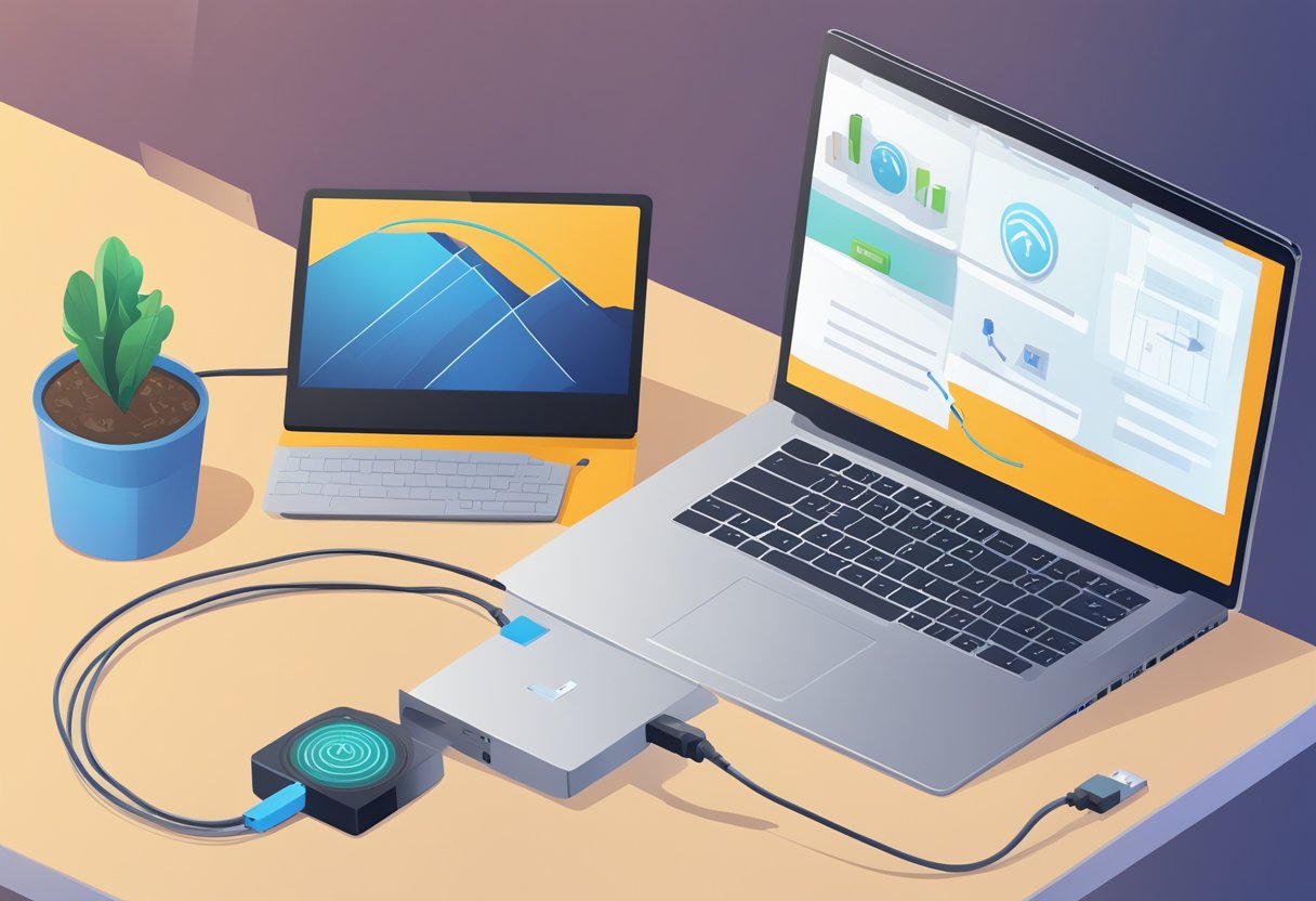 A laptop with a VPN icon on the desktop, a network cable plugged into the computer, and a troubleshooting guide open on the screen