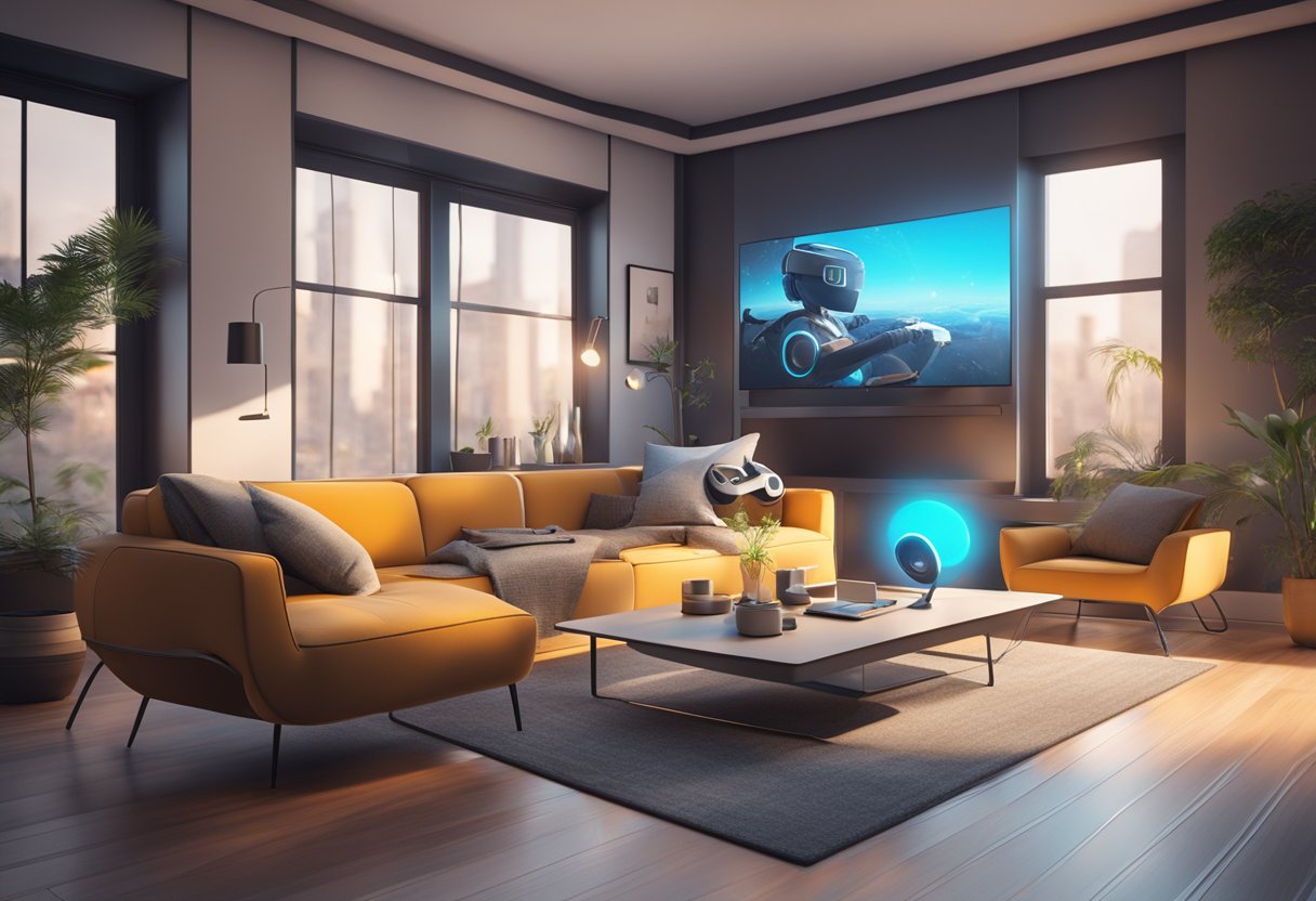 A cozy living room with a sleek VR headset on a table, surrounded by futuristic decor and customizable options displayed on a digital screen