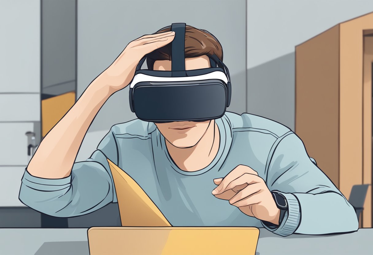 A person places a Gear VR headset over their eyes and adjusts the straps. They hold a 3D movie in front of the headset, ready to watch