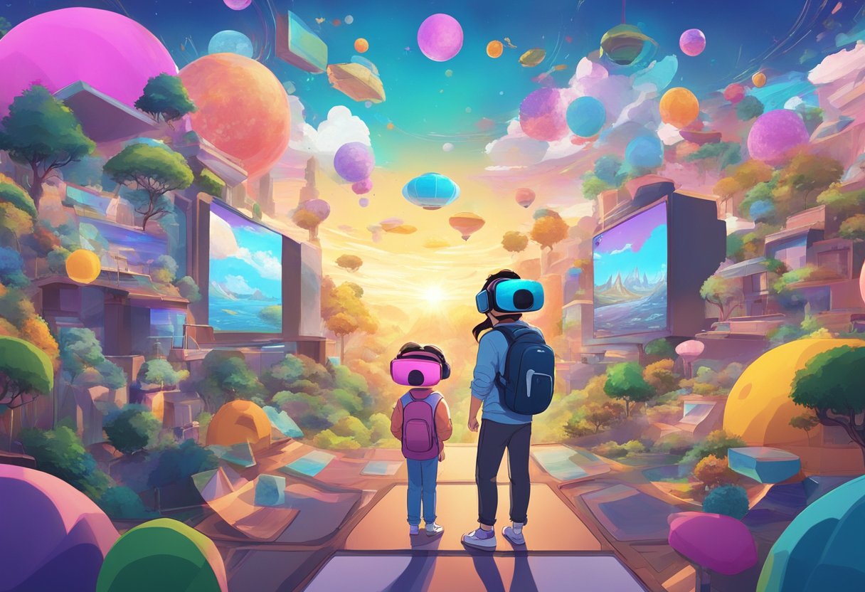 A virtual reality headset displaying anime characters in a vibrant, animated world with dynamic landscapes and colorful, expressive characters