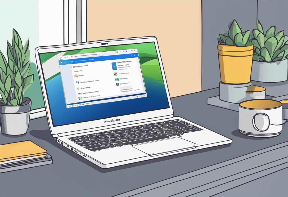 A laptop screen displaying a Windows 11 desktop with a search bar open, showing the message "Couldn't find wireless devices on this PC."