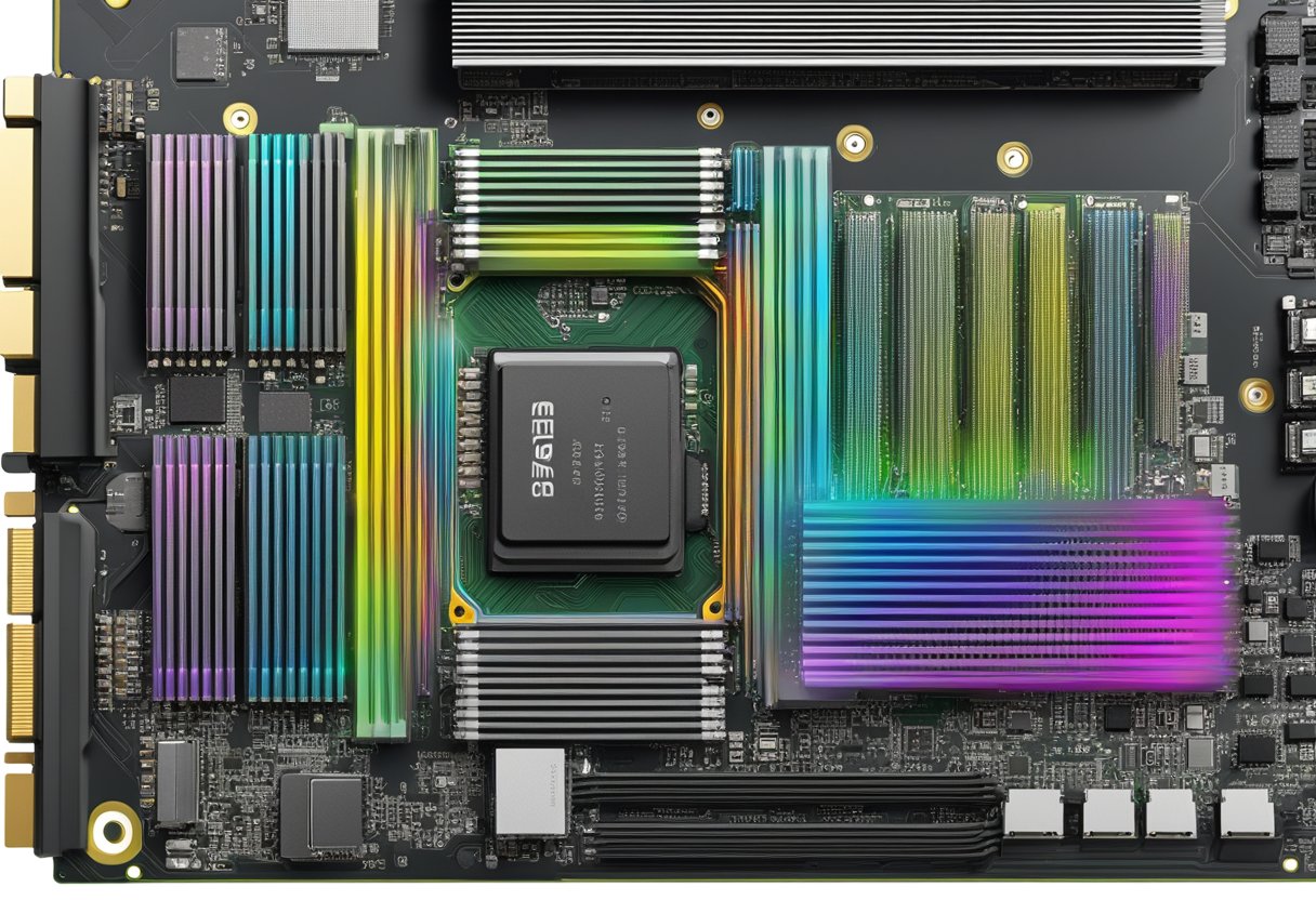 A computer motherboard with PCIe slots, connected to a high-speed PCIe SSD. The SSD is labeled as the fastest available, with visible data transfer activity