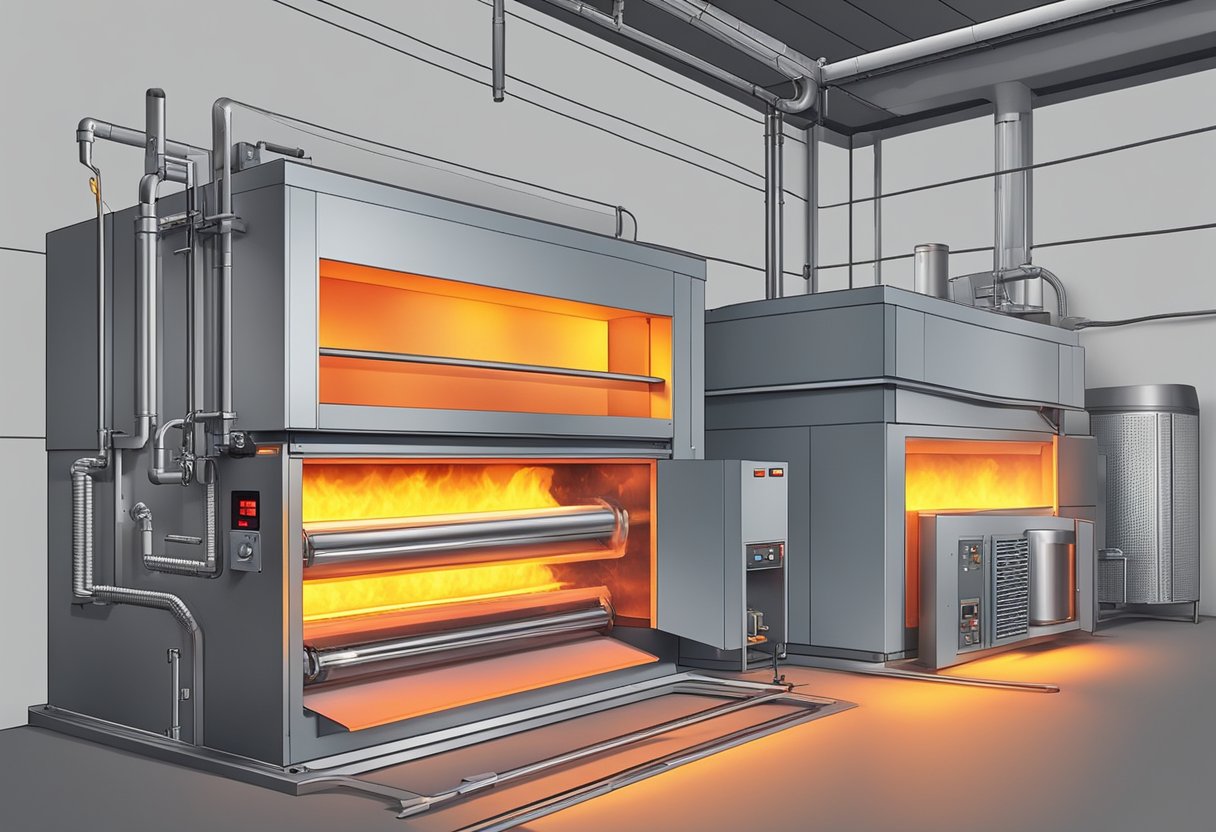 Electric furnace glowing red, emitting heat, and efficiently melting metal. Energy-saving, low emissions, and precise temperature control evident in the operation