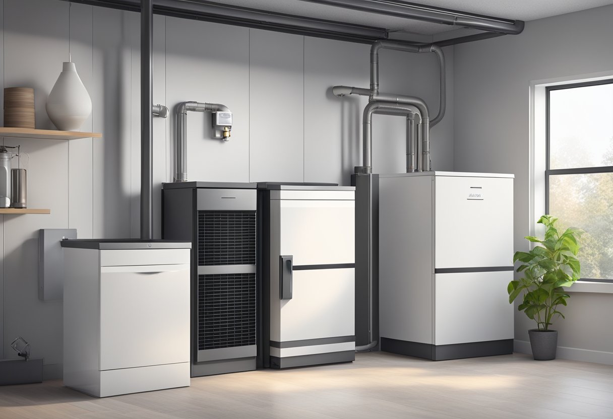 A modern, sleek high-efficiency furnace installed in a clean, well-lit utility room with energy-saving features highlighted