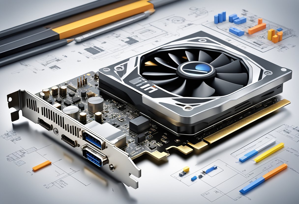 A GPU with "TI" labeling prominently displayed, surrounded by technical components and diagrams, representing the concept of "Terminology and Naming Conventions" in the tech industry