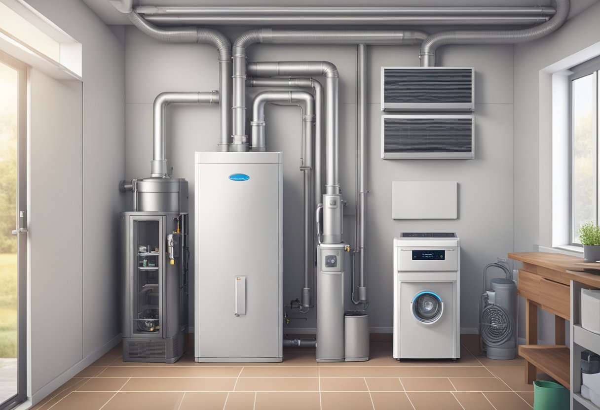 A modern furnace hums quietly in a well-lit utility room, surrounded by energy-efficient appliances. A chart on the wall compares operating costs for different furnace sizes