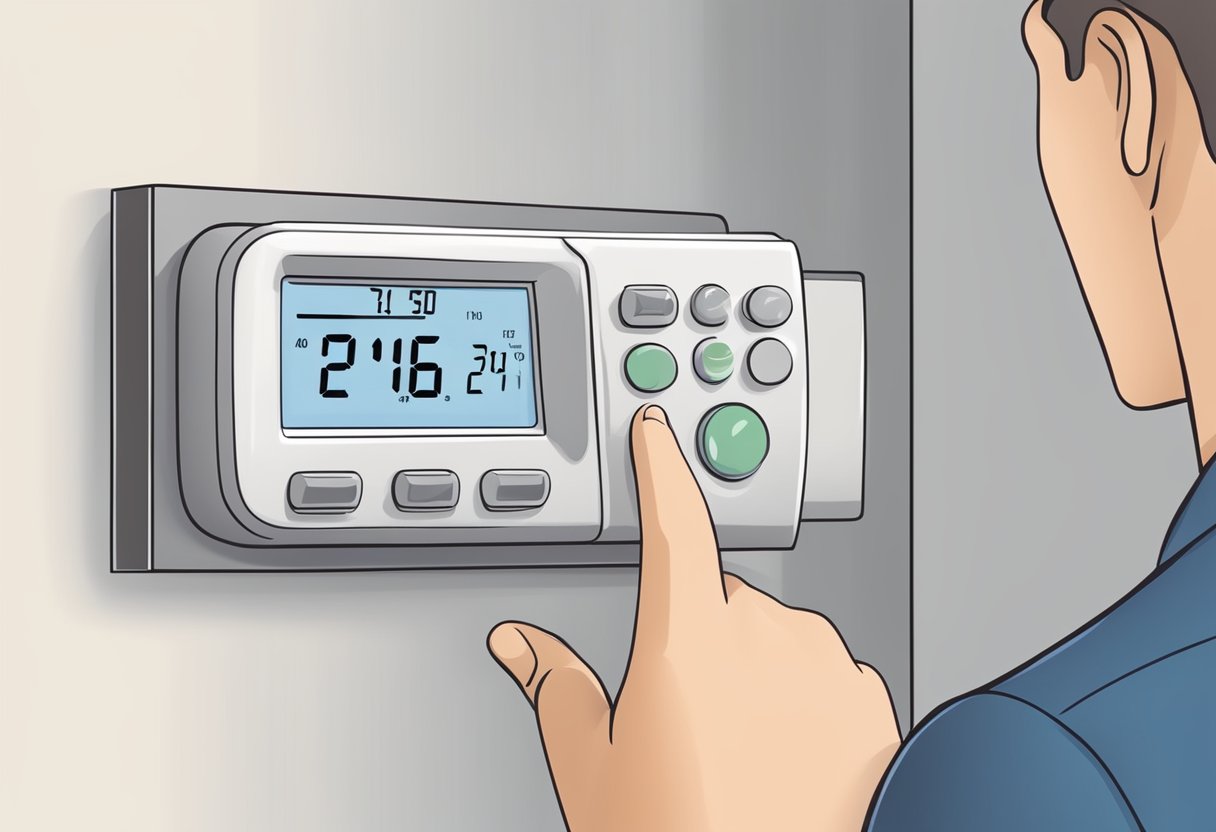 A hand adjusting a thermostat to a recommended temperature setting for furnace efficiency