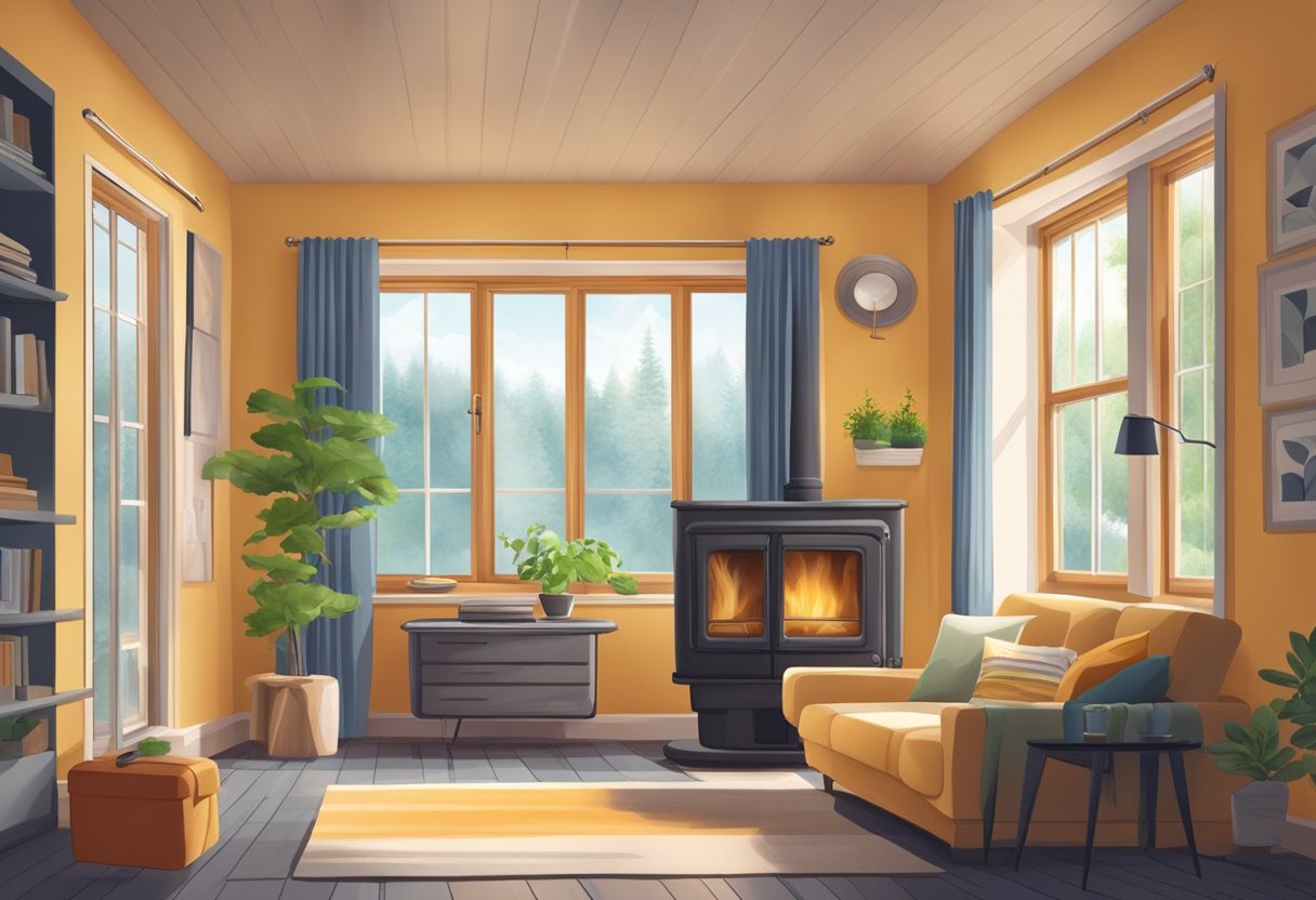 A cozy home with well-insulated walls and sealed windows. A furnace hums efficiently in the background, maintaining warmth