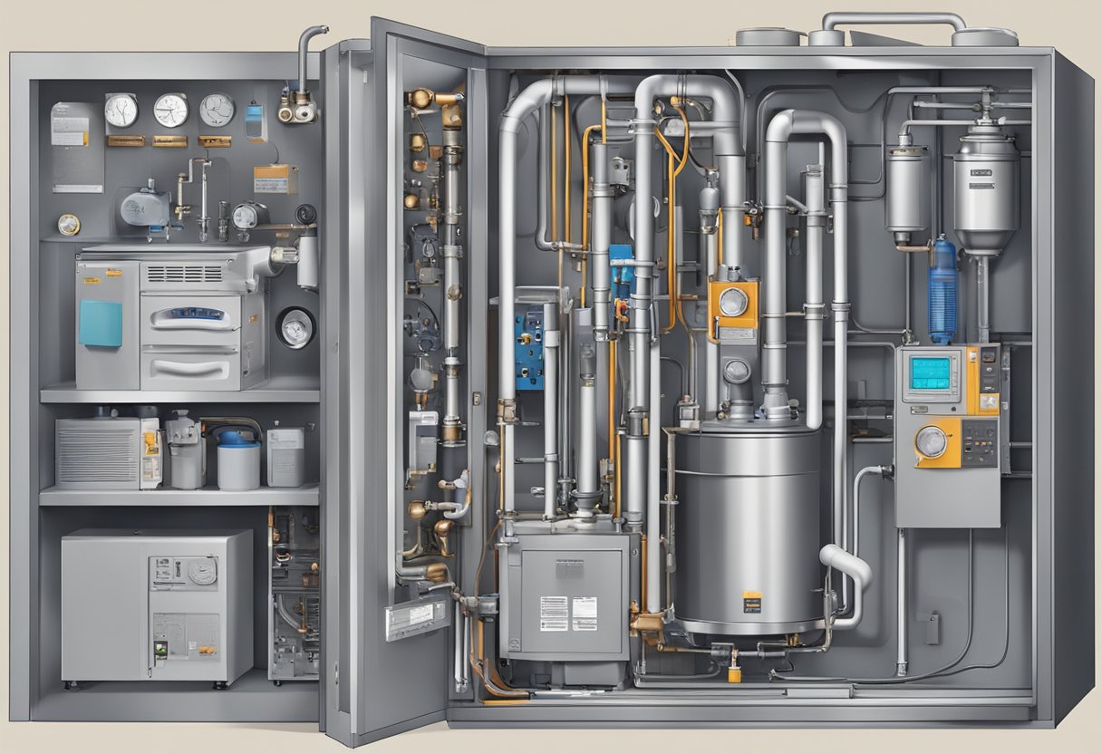 A furnace with visible components and labels, surrounded by tools and a troubleshooting guide