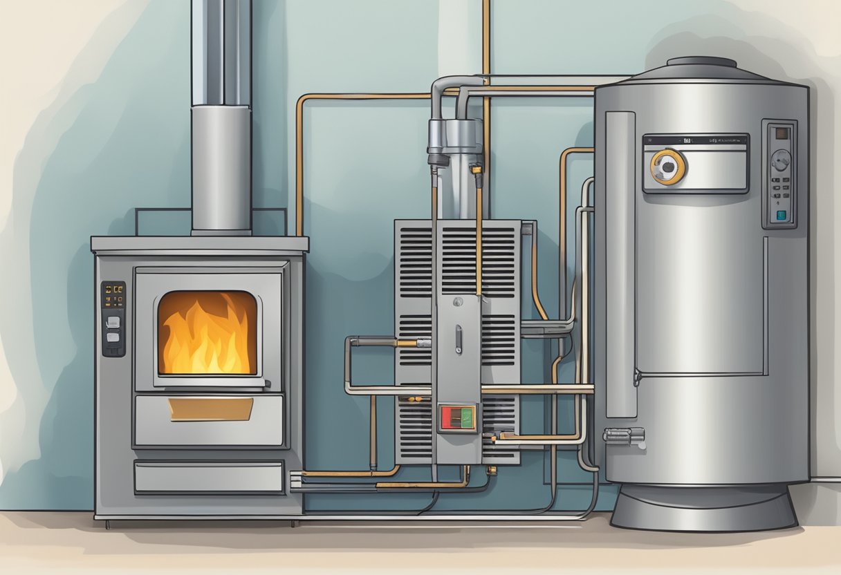 A furnace emitting smoke with a clogged filter, and a thermostat showing an error code