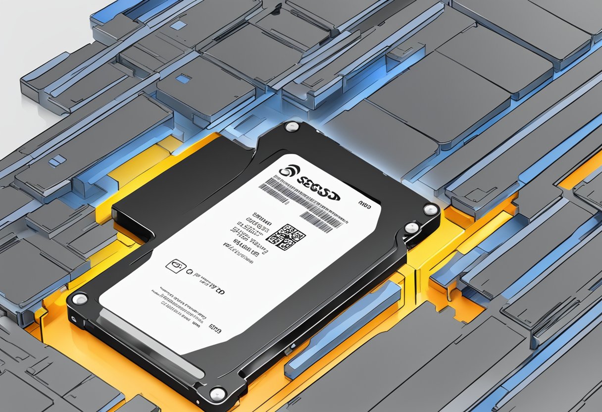 An SSD with a capacity bar reaching 100%, files overflowing, and a warning message flashing on the screen