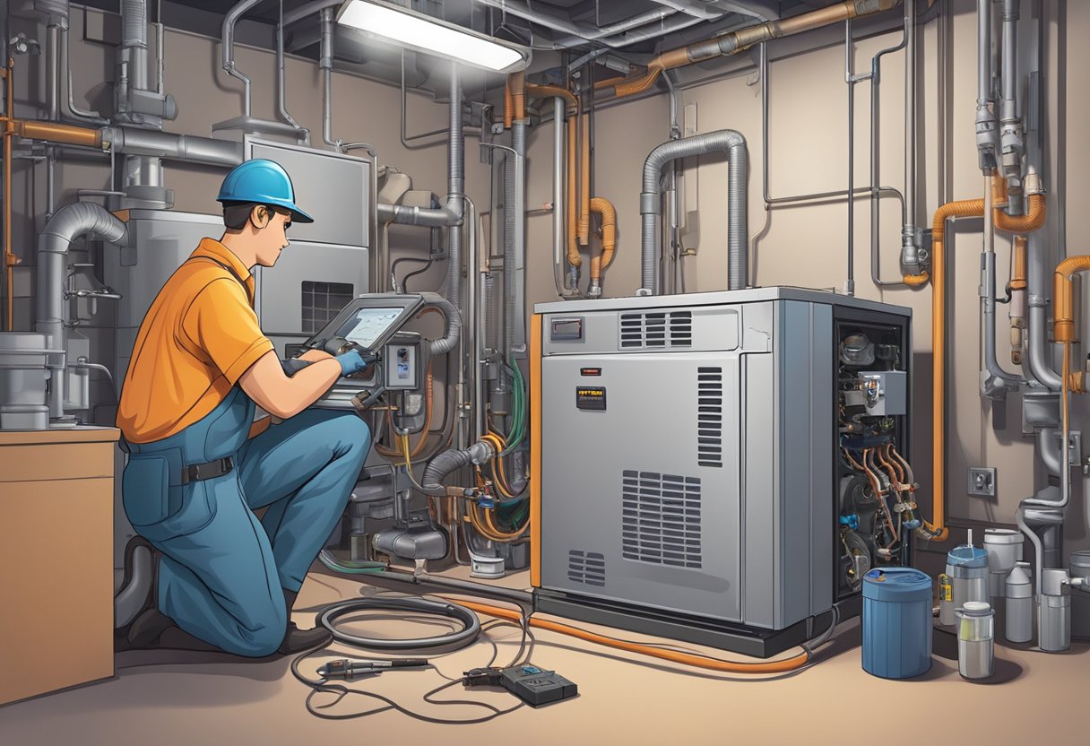 A technician inspects a malfunctioning furnace, checking the thermostat, air filters, and electrical connections. Tools and diagnostic equipment are scattered nearby