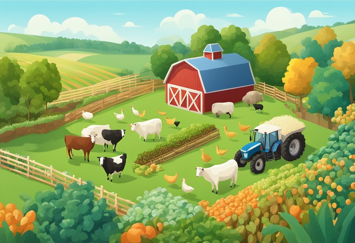 A small farm with diverse crops and free-range livestock, surrounded by lush greenery and a clear blue sky