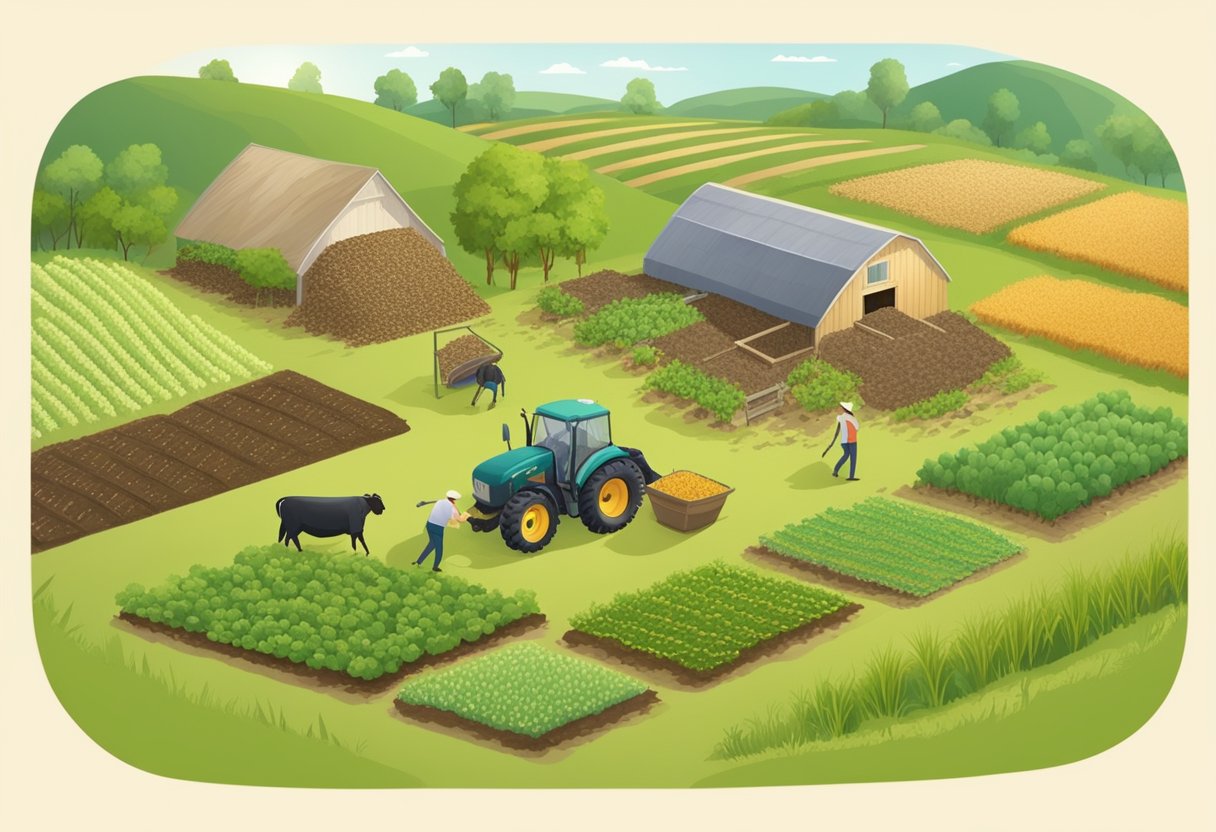 Lush green fields with diverse crops, grazing livestock, and compost piles. A farmer tends to the land using natural methods, creating a sustainable subsistence farm