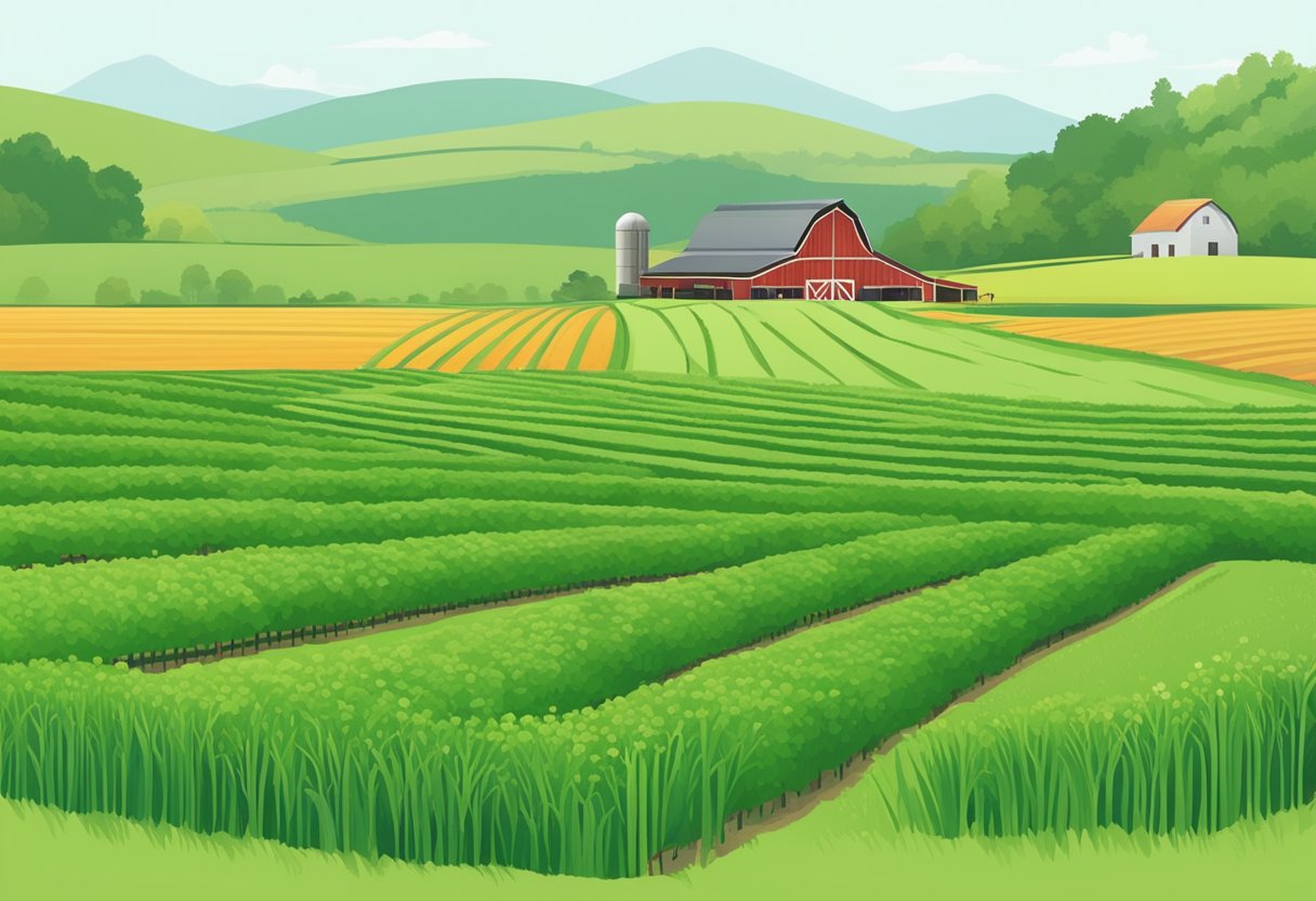 A lush green field with rows of crops, a barn, and grazing livestock integrated into the farming landscape