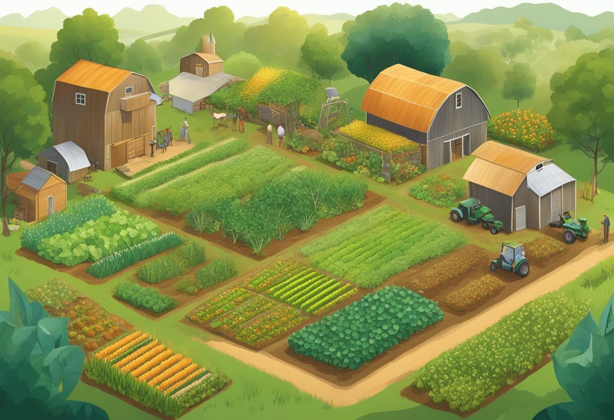 A diverse farm with crops, animals, and natural elements interwoven in a sustainable and organic manner, showcasing permaculture principles
