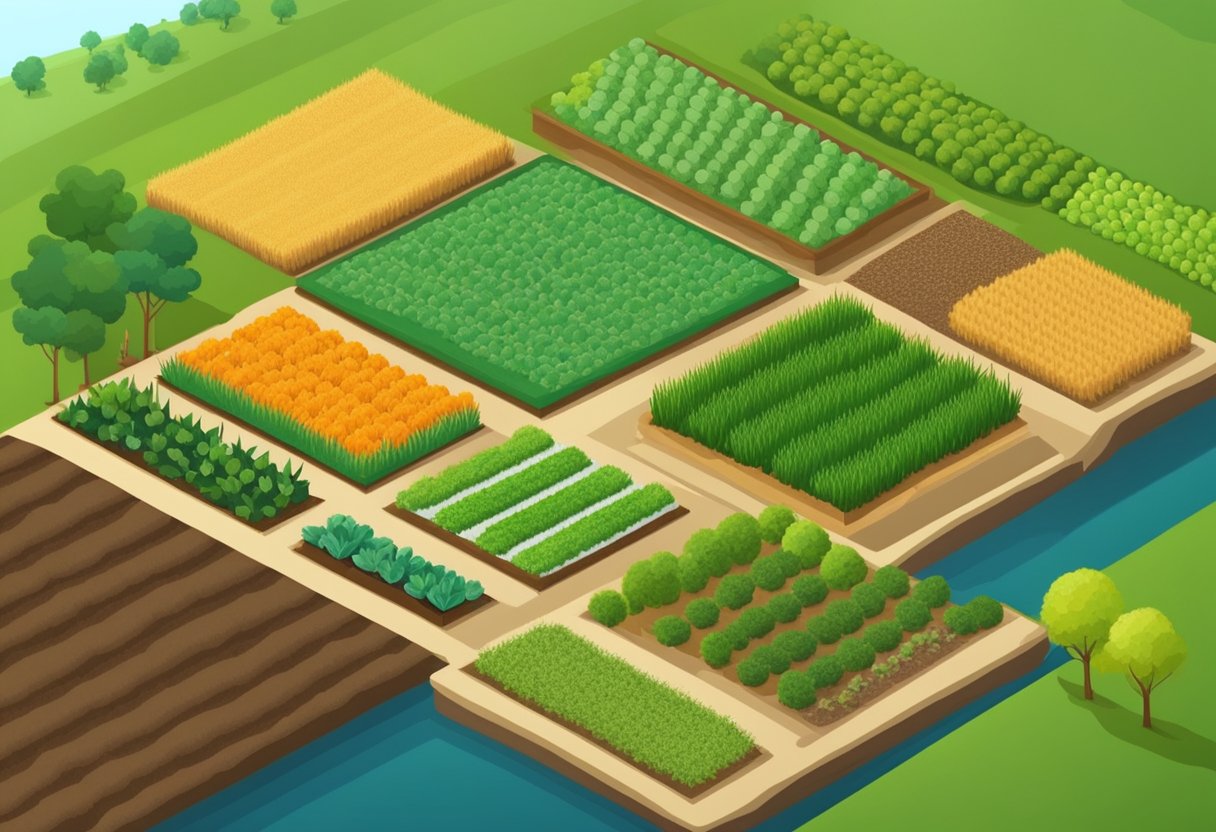 A small plot of land with diverse crops, grazing livestock, and compost piles. A farmer tends to the fields, practicing sustainable and organic farming methods