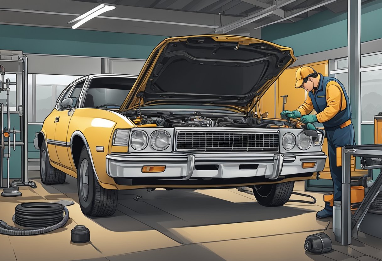 A mechanic performing routine maintenance on a car, checking oil, tires, and engine components to preserve its value