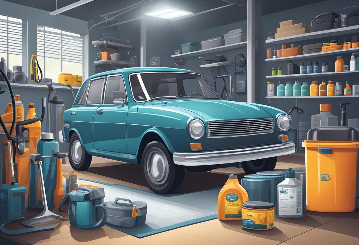 A car parked in a clean, well-lit garage. A set of car care products and tools neatly arranged on a workbench. A poster or chart displaying recommended car care techniques
