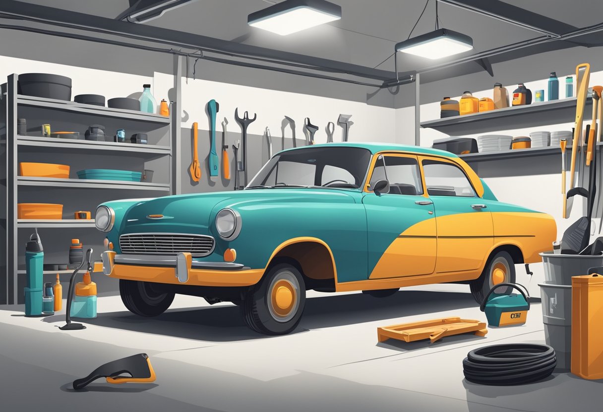 A car parked in a clean, well-lit garage with regular maintenance tools and products neatly organized on a shelf nearby