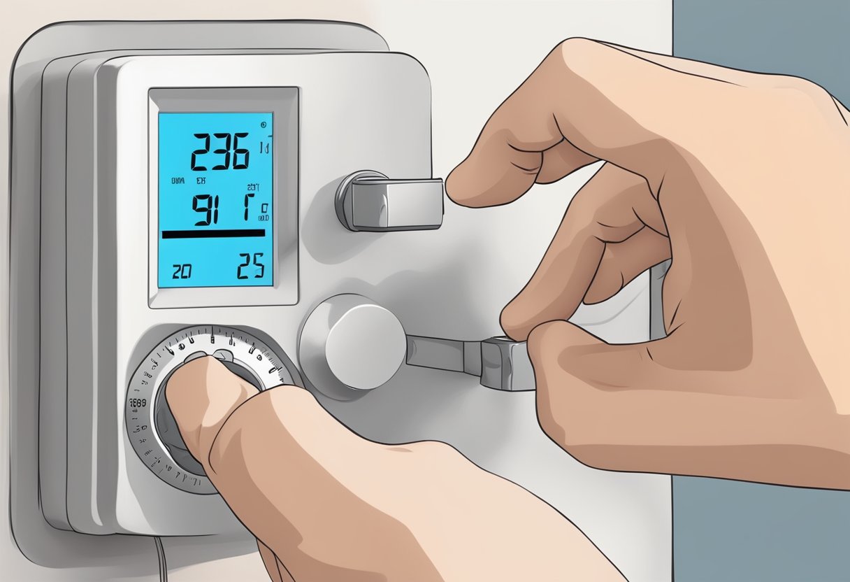 A hand adjusts a thermostat to an optimal temperature, reducing strain on a furnace, extending its lifespan