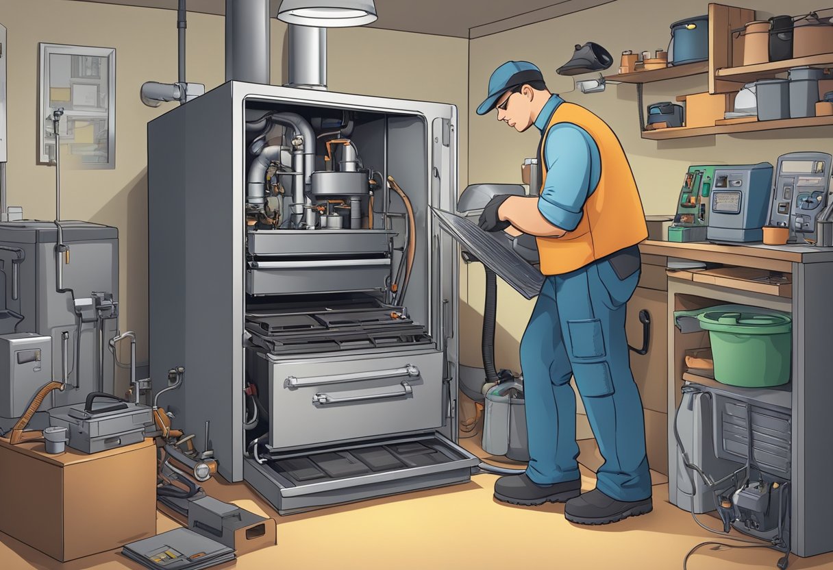 A technician examines a furnace, comparing repair and replacement options. Tools and parts are scattered nearby. The furnace is surrounded by a cluttered workspace