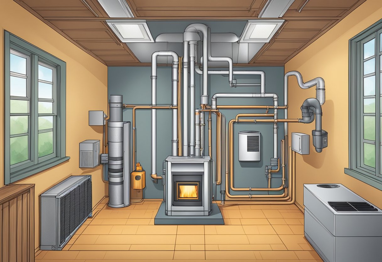 A furnace sits at the center of a home heating system, surrounded by ductwork and vents. It radiates warmth and distributes heat evenly throughout the house