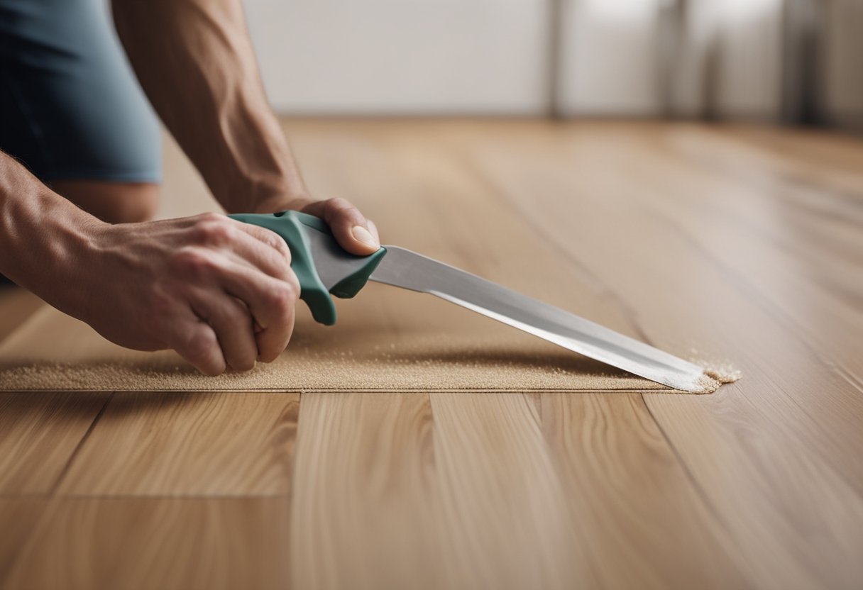 A person fills a wide gap in laminate flooring with wood filler, then uses a putty knife to smooth the surface