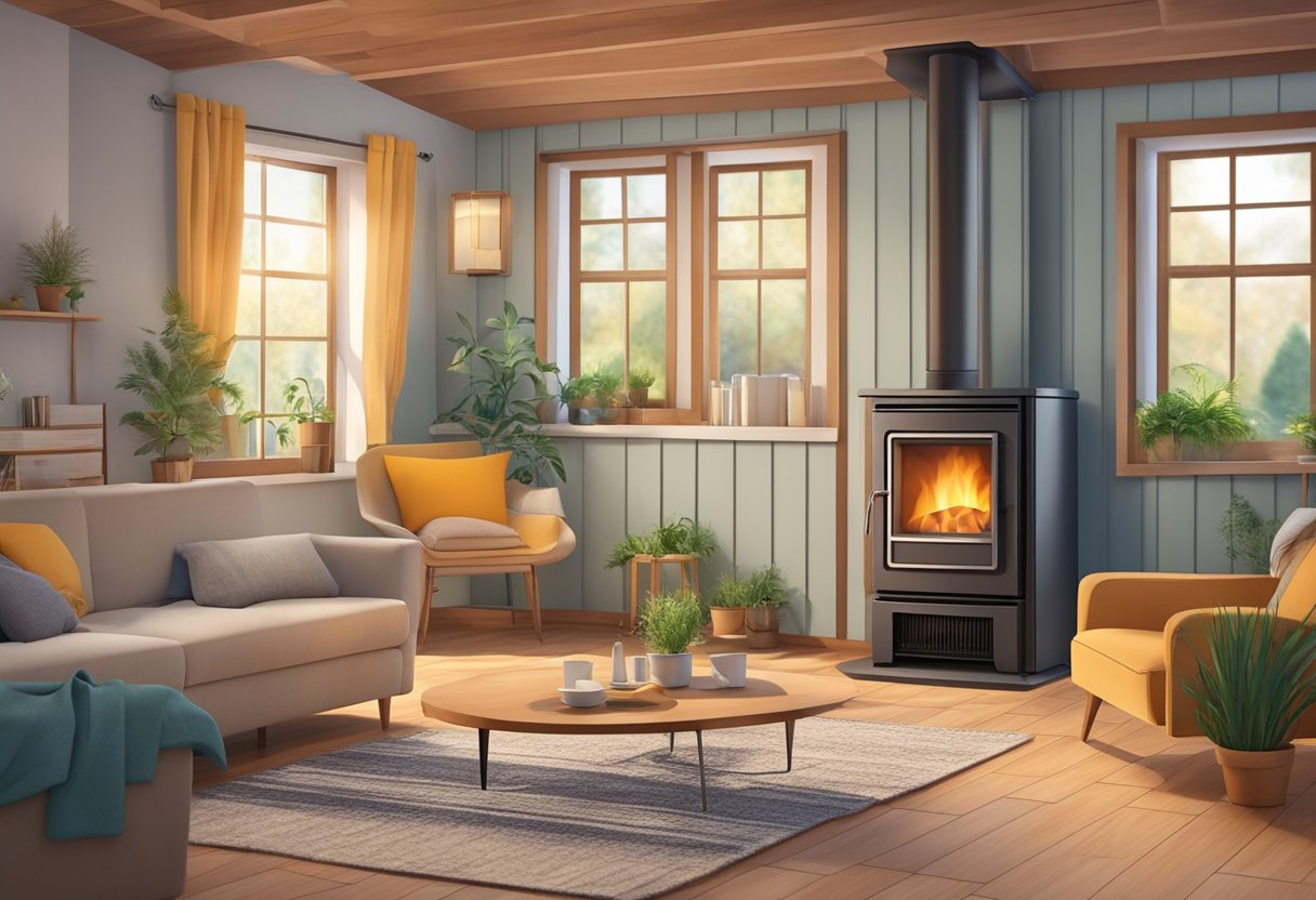 A furnace sits at the center of a cozy home, radiating warmth and comfort. It is surrounded by safety features and ventilation systems, ensuring the health and well-being of the inhabitants