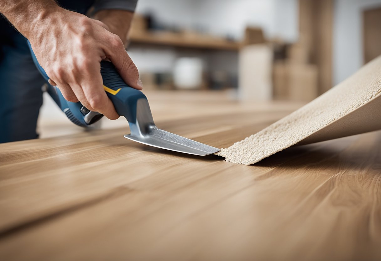 A hand holding a tube of wood filler squeezes the product into a large gap in laminate flooring. A putty knife is used to smooth and level the filler, blending it seamlessly with the surrounding floor