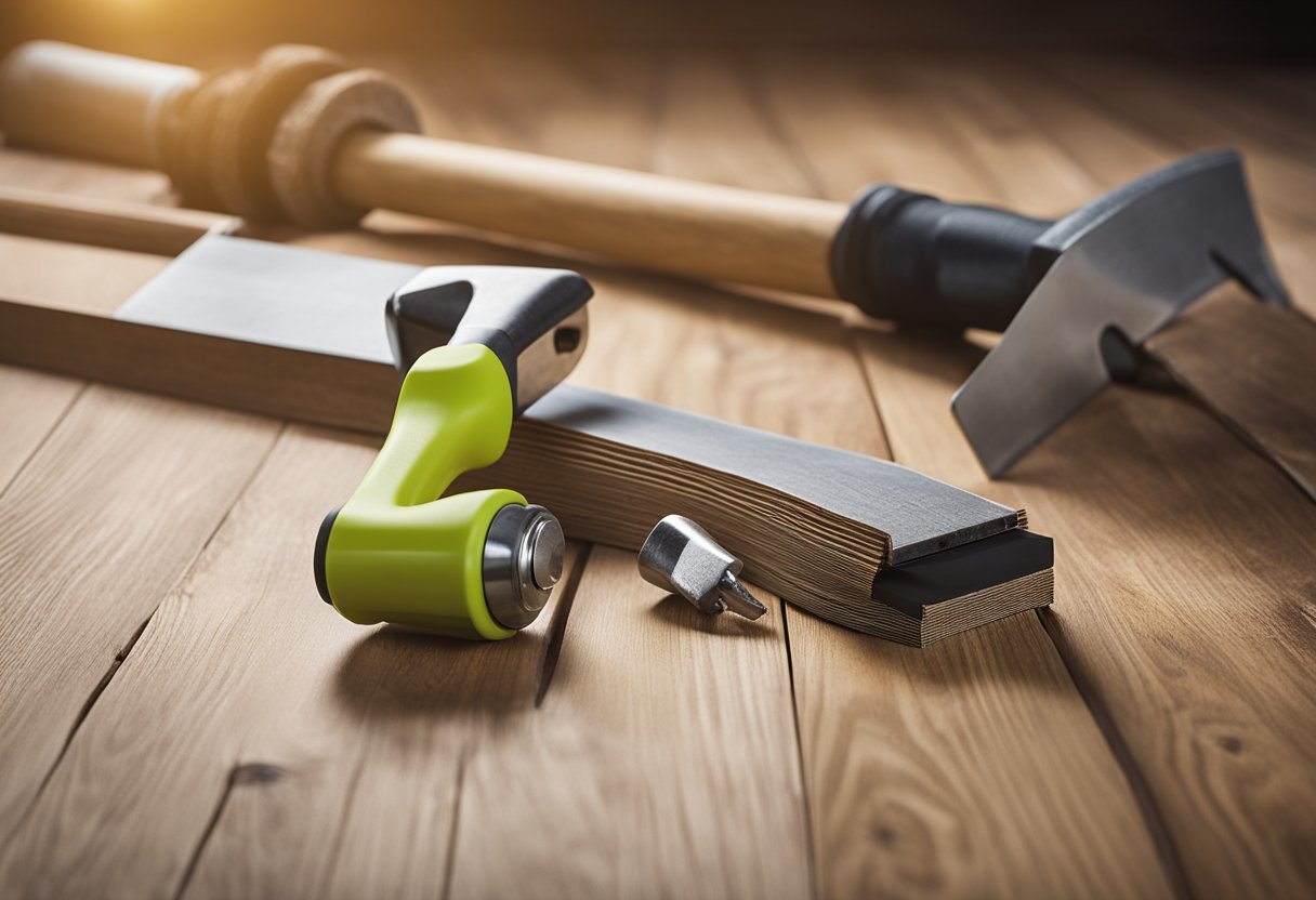 Tools and materials laid out next to a large gap in laminate flooring. A hammer, pry bar, wood filler, and spare laminate planks are ready for use