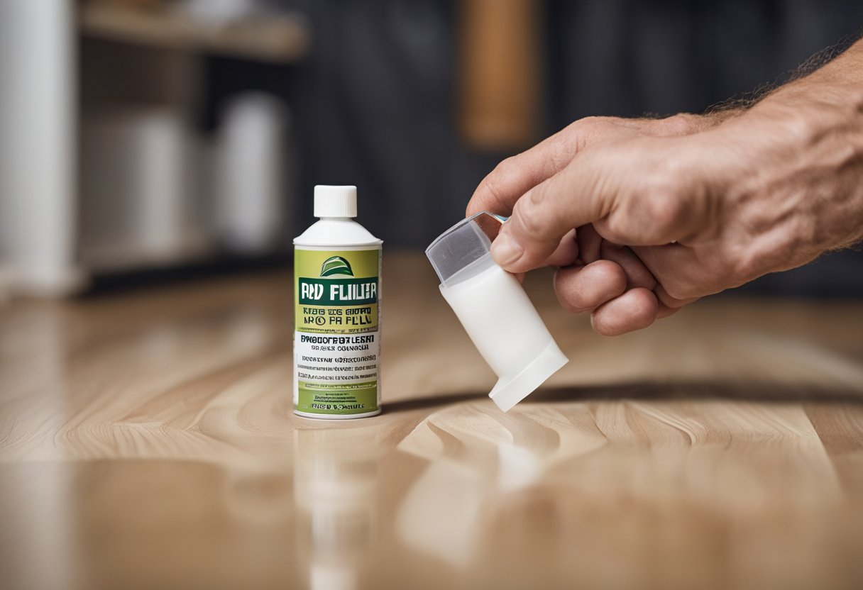 A hand holding a tube of laminate floor filler, applying it to small to medium gaps in the flooring. The tube is squeezed, filling in the gaps with the filler