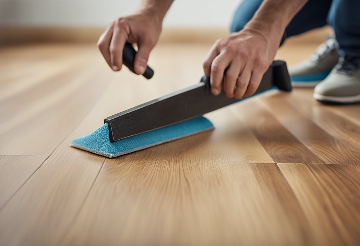 A person using a rubber mallet to tap and close a large gap in laminate flooring