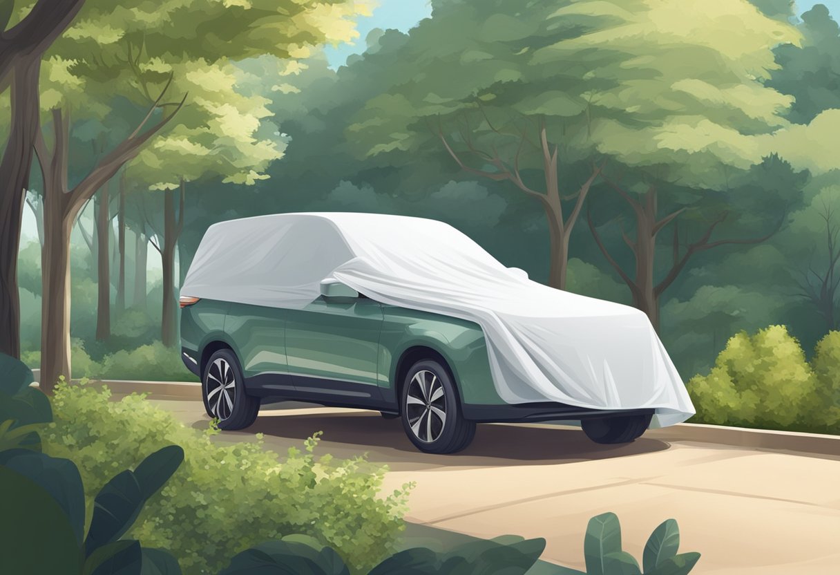 A car parked under a shaded area with a protective car cover, surrounded by trees and bushes to shield it from environmental elements