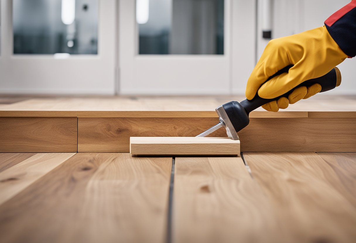 A hand holding a tube of wood filler, applying it to a large gap in laminate flooring. A hammer and block of wood nearby for tapping the filler into place