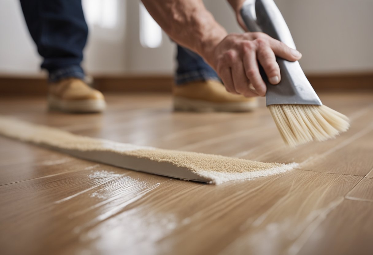 A person uses wood filler to fill in a large gap in laminate flooring, then smooths it out with a putty knife. They clean up any excess filler with a damp cloth