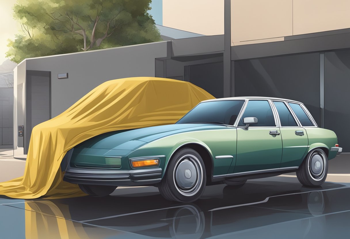 A car parked under a shaded area with a protective car cover draped over it, shielded from potential paint damage