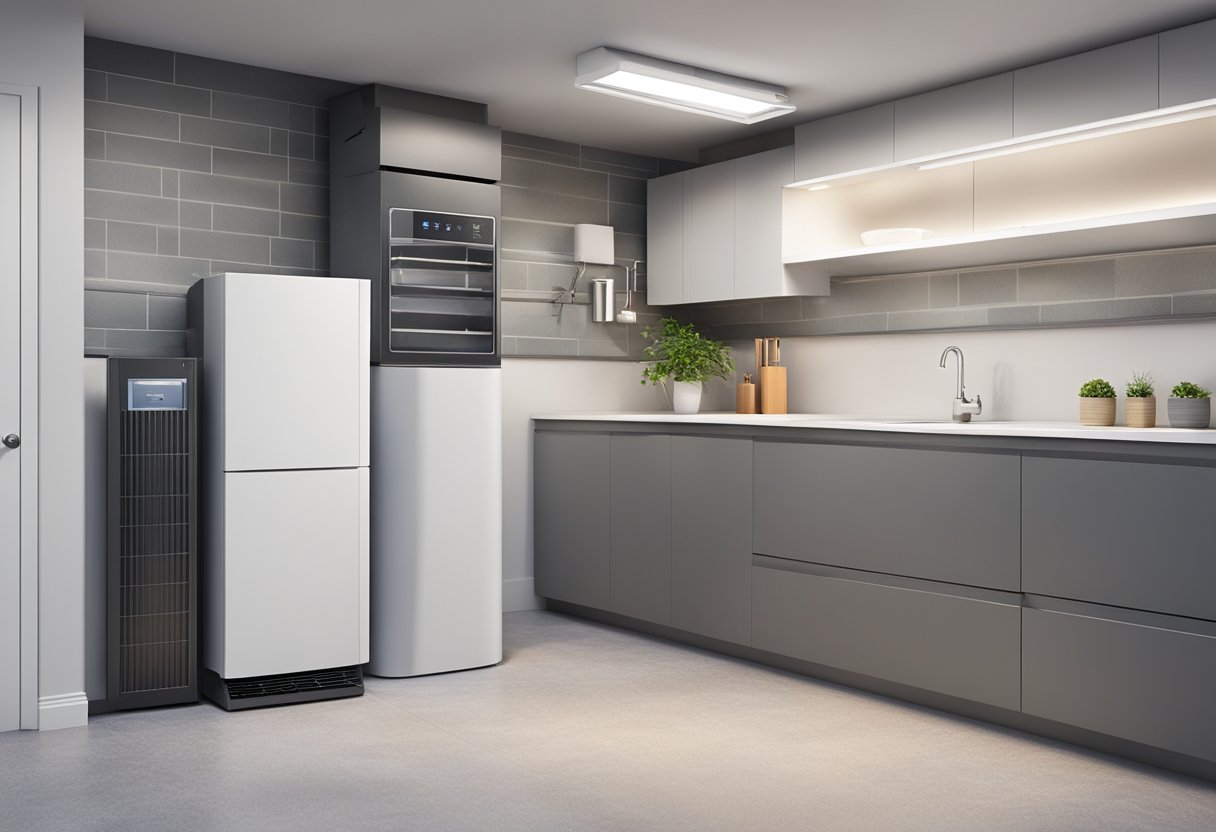 A modern, sleek furnace with digital controls sits in a clean, well-lit utility room. A venting system leads to the outside, and insulation lines the walls for maximum energy efficiency