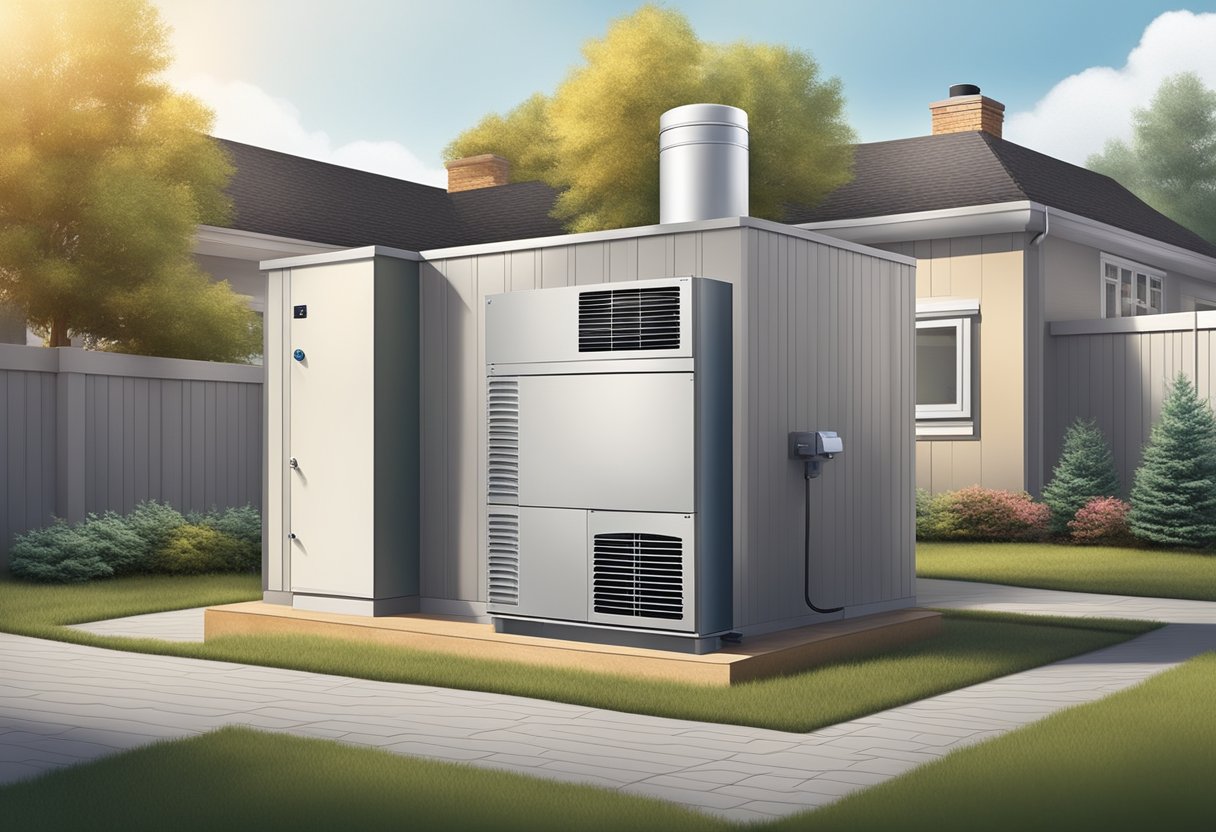 A modern, energy-efficient furnace surrounded by insulation, ductwork, and a digital thermostat. Outdoor elements like wind, sun, and shade impact its efficiency