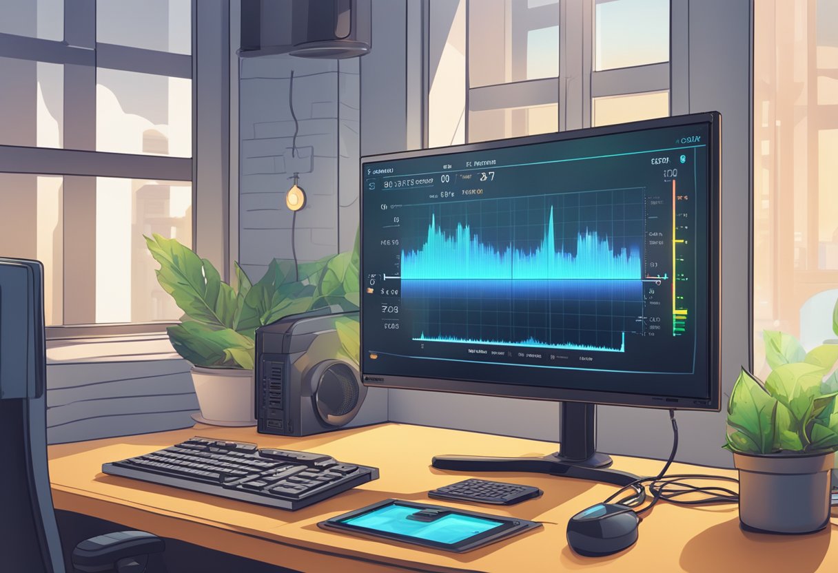 A computer monitor displaying GPU temperature readings while a game is being played, with the temperature gauge showing a safe and optimal range for gaming