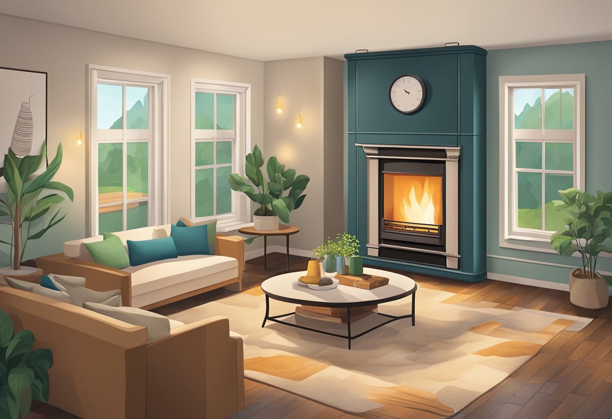 A cozy living room with a modern, energy-efficient furnace as the focal point. The furnace is surrounded by various options and features, showcasing the process of choosing the right one for a home