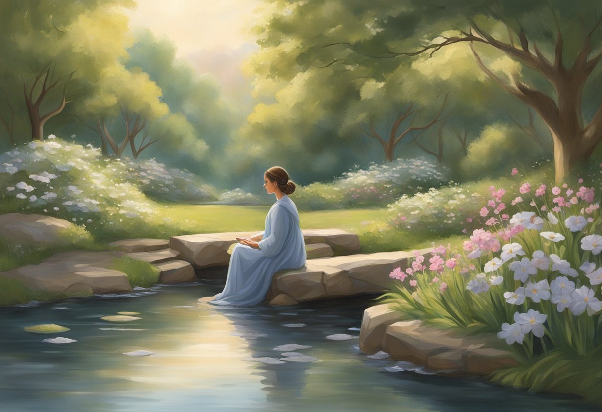 A serene figure sits in a peaceful garden, surrounded by blooming flowers and a gentle stream, finding solace in the words of the Psalms