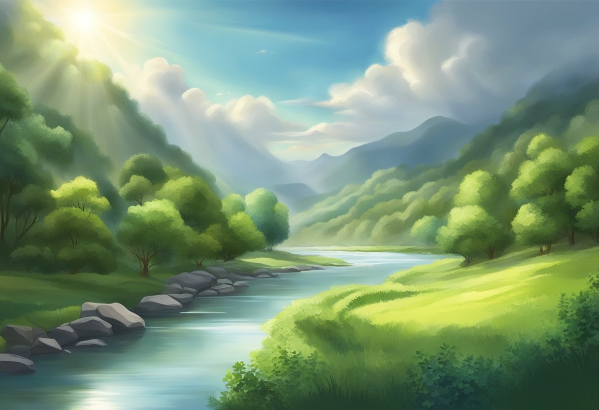 A serene landscape with a peaceful river flowing, surrounded by lush greenery, and a beam of sunlight breaking through the clouds