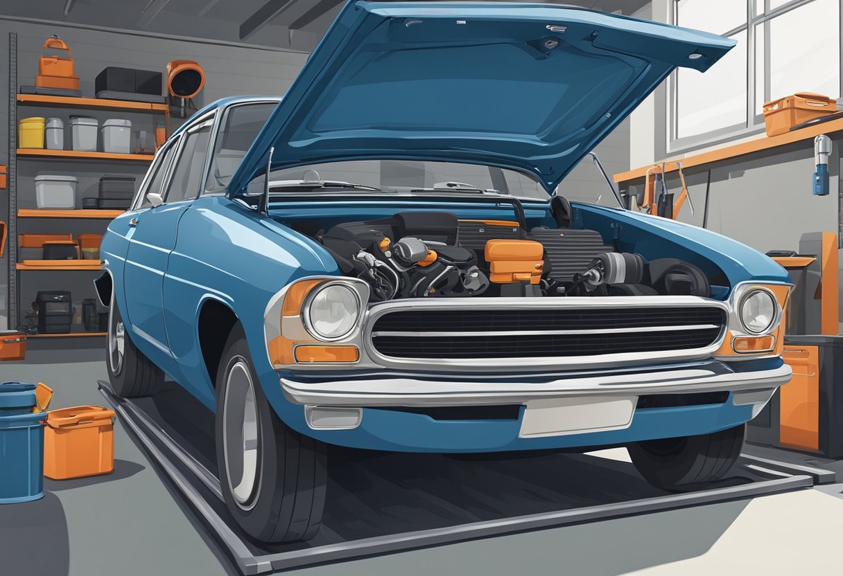 A car parked in a clean, well-lit garage. Tools and equipment for routine maintenance are neatly organized nearby. The hood of the car is open, revealing the engine