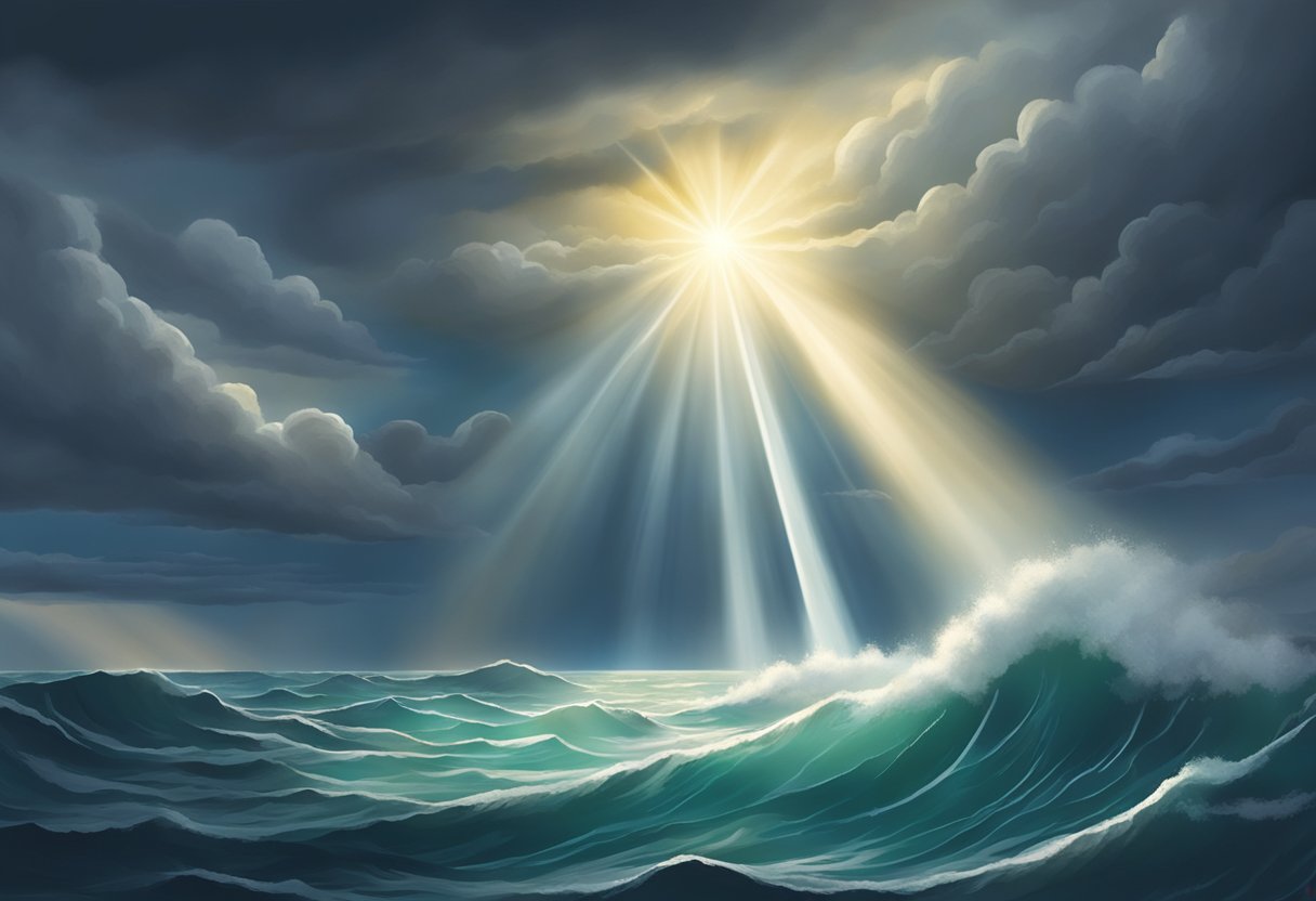 A beam of light breaking through dark clouds, illuminating a path through a stormy sea, symbolizing trust in the Lord for comfort and strength