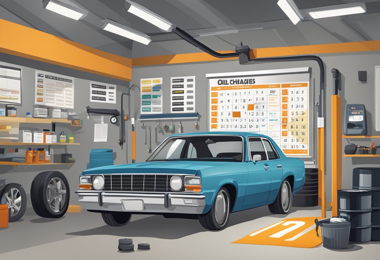 A car parked in a garage with a maintenance schedule calendar on the wall, showing regular intervals for oil changes, tire rotations, and other routine checks