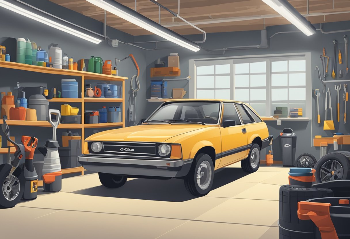 A car parked in a clean, well-lit garage with tools and maintenance supplies neatly organized nearby. A calendar on the wall shows regular reminders for oil changes, tire rotations, and other routine maintenance tasks